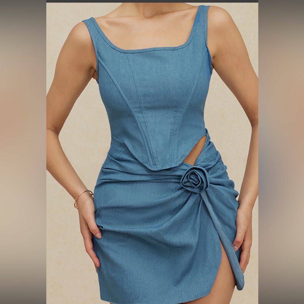 MICAS 3D Flower Ruched Tank Denim Dress